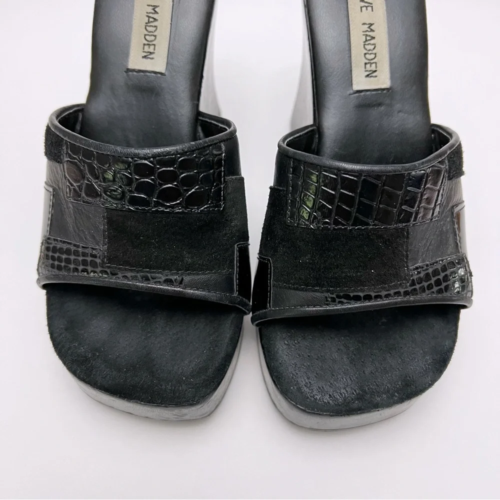 Vintage 90s Y2K Steve Madden Black Patchwork Leather Wood Platform Sandals - Picture 6 of 11